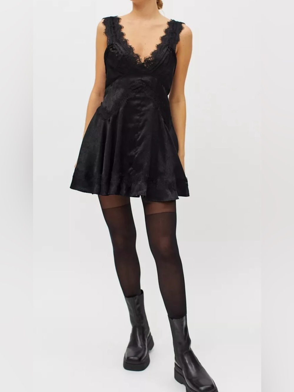 Urban Outfitters UO Tiffany Satin Lace Mini Dress Black Small Goth Coquette Part